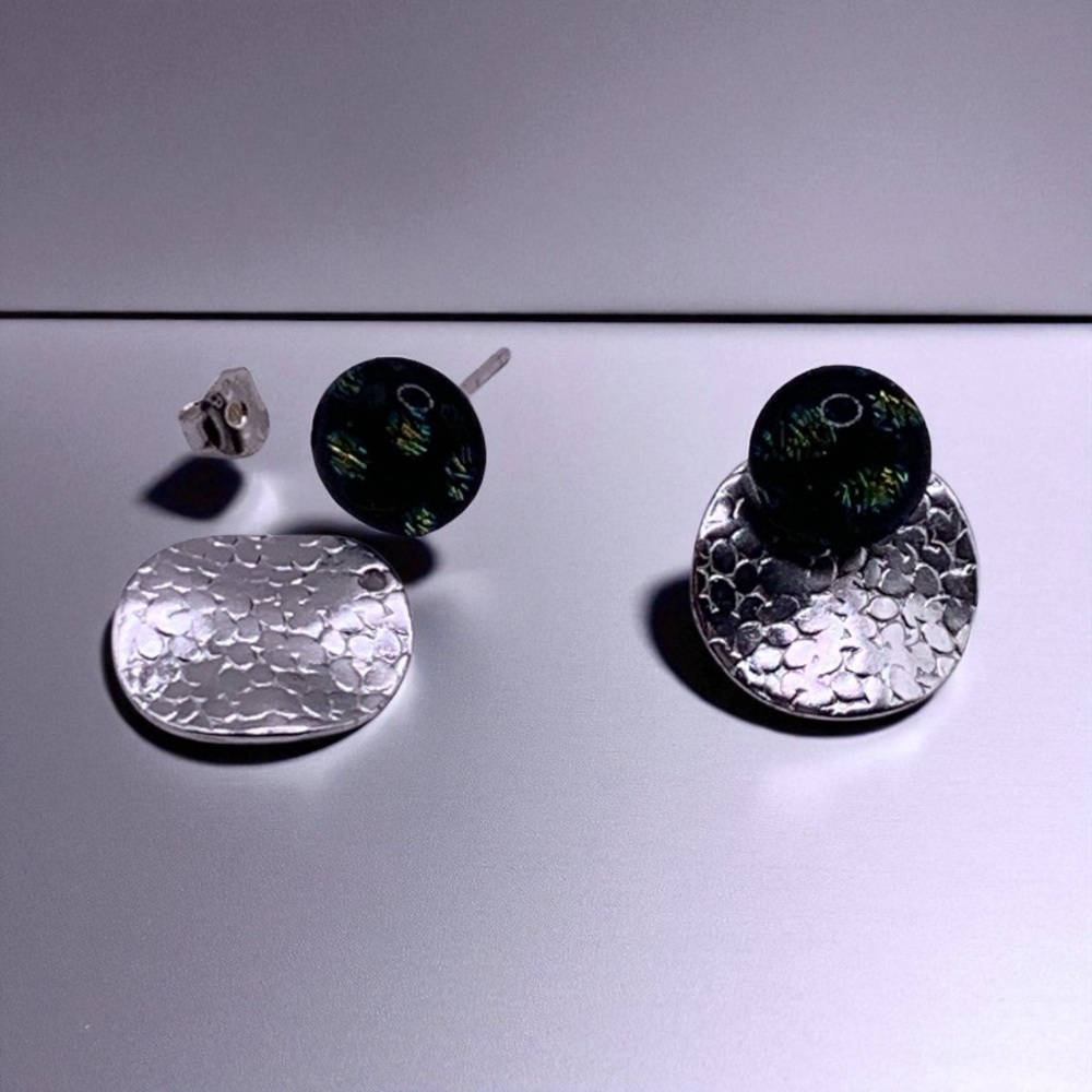 Wear 2 Ways! Dichroic Glass Studs with Textured Silver Earrings